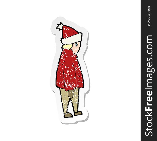 retro distressed sticker of a cartoon person in winter clothes