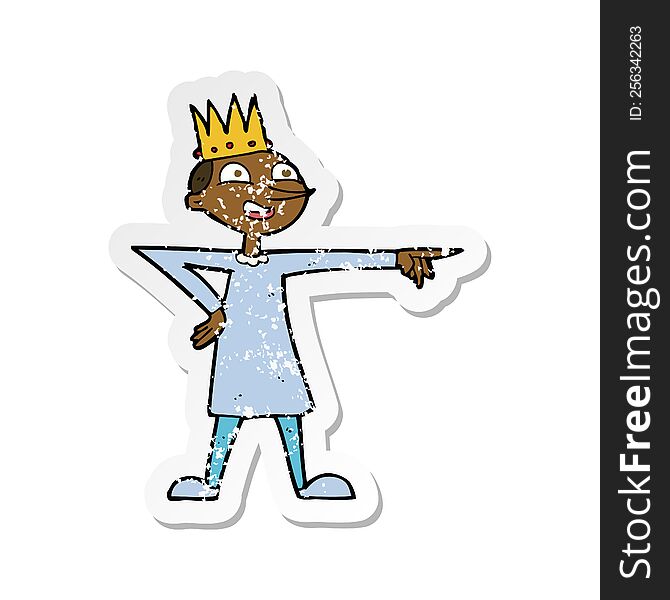 retro distressed sticker of a cartoon pointing prince