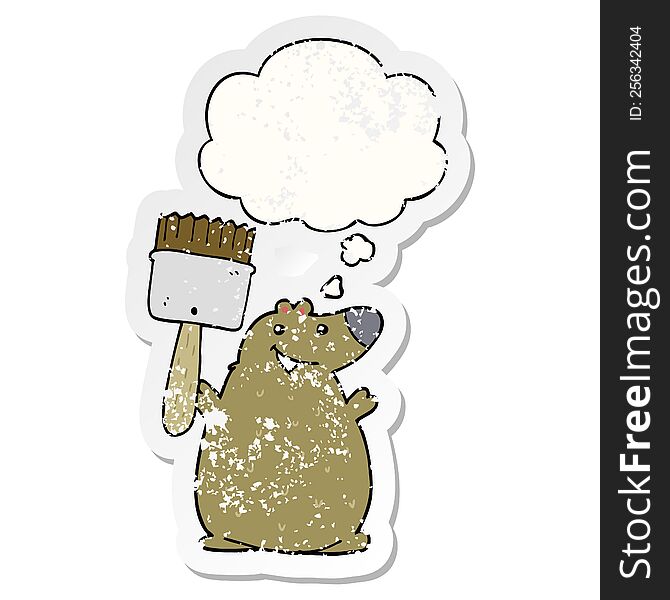 cartoon bear with paint brush and thought bubble as a distressed worn sticker