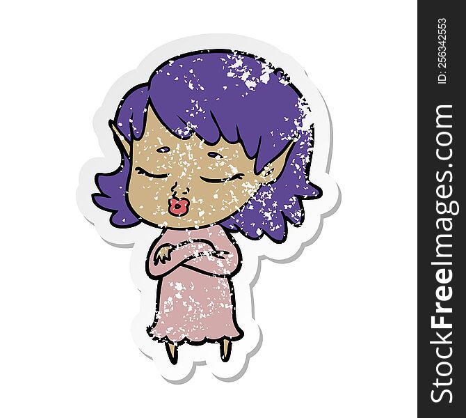 Distressed Sticker Of A Pretty Cartoon Elf Girl With Corssed Arms
