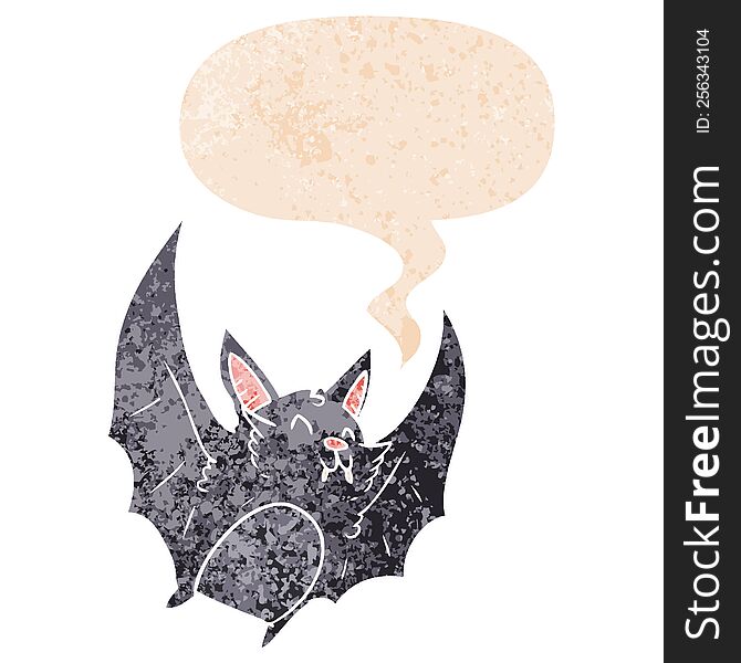 cartoon halloween bat with speech bubble in grunge distressed retro textured style. cartoon halloween bat with speech bubble in grunge distressed retro textured style