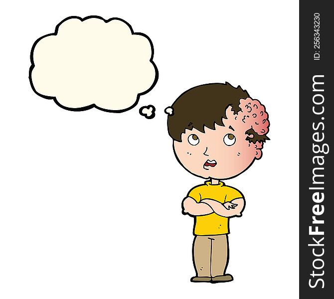 cartoon boy with growth on head with thought bubble
