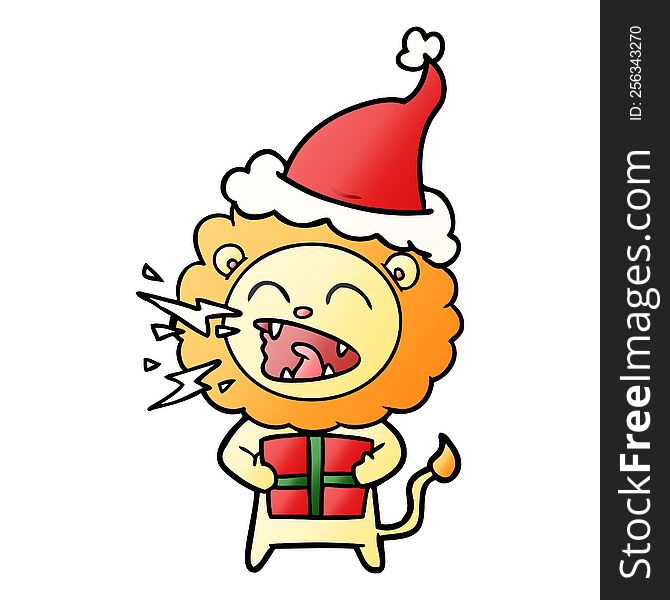 hand drawn gradient cartoon of a roaring lion with gift wearing santa hat
