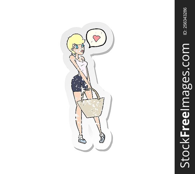 retro distressed sticker of a cartoon woman loving shopping