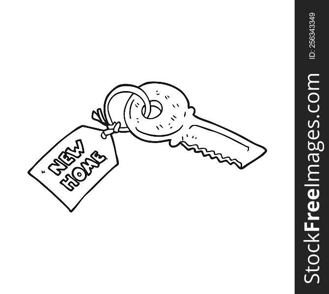 black and white cartoon house key with new home tag