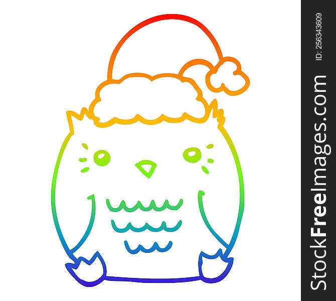 Rainbow Gradient Line Drawing Cute Cartoon Owl Wearing Christmas Hat