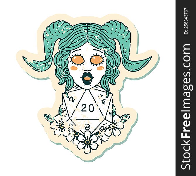 grunge sticker of a tiefling with natural twenty dice roll. grunge sticker of a tiefling with natural twenty dice roll