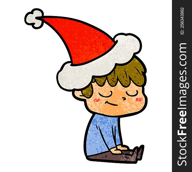 hand drawn textured cartoon of a happy boy wearing santa hat