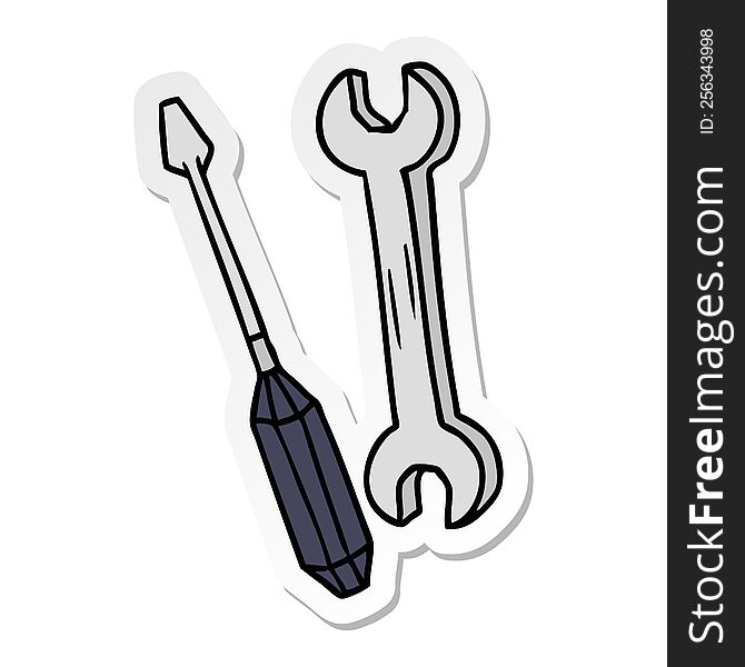 Sticker Cartoon Doodle Of A Spanner And A Screwdriver