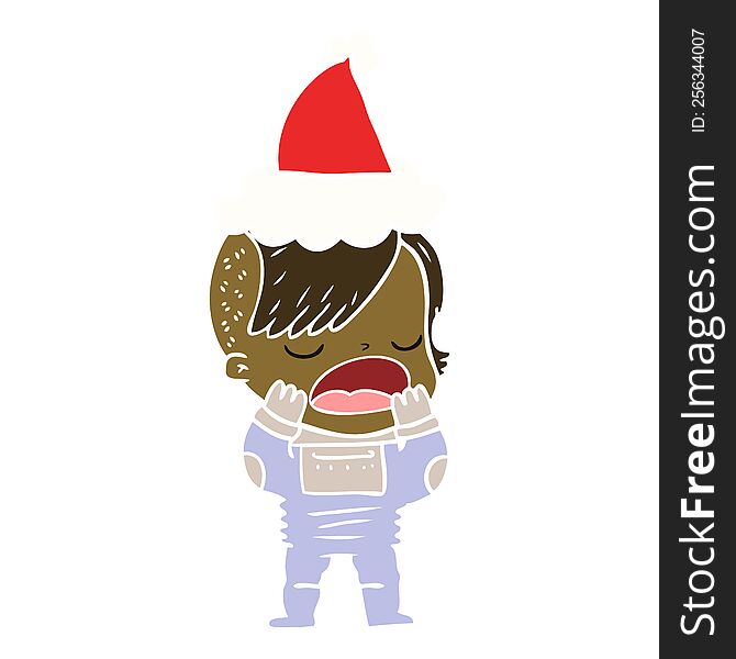 hand drawn flat color illustration of a cool hipster girl in space suit wearing santa hat