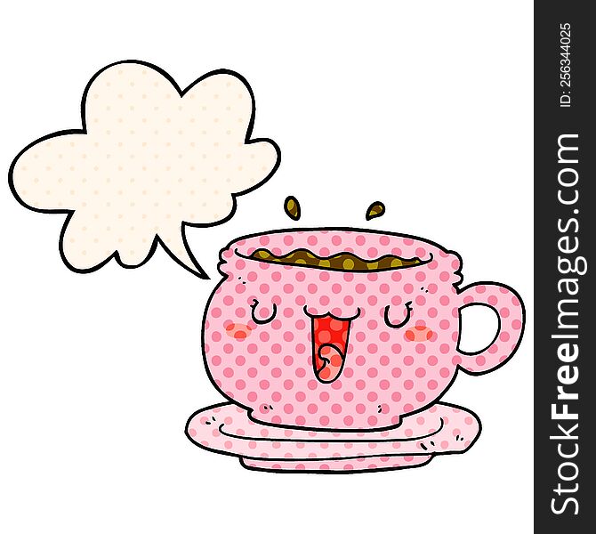 cute cartoon cup and saucer with speech bubble in comic book style