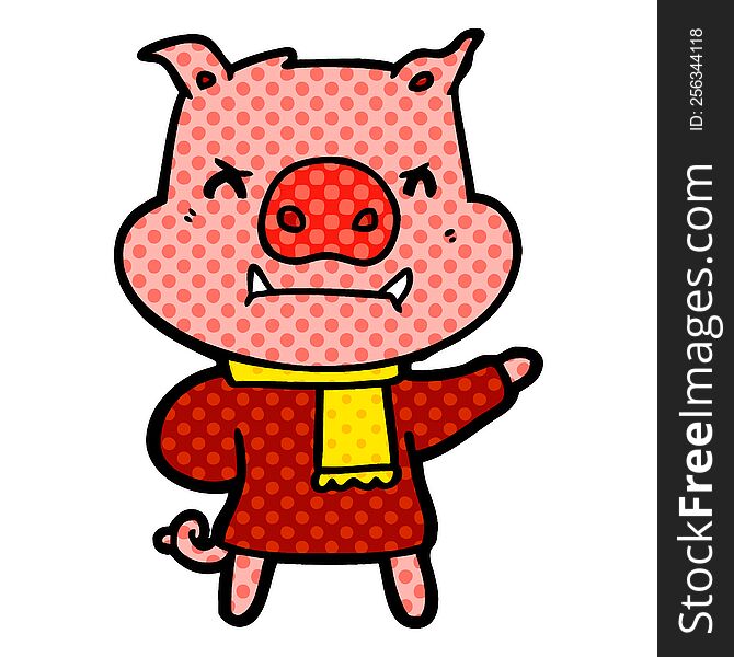 angry cartoon pig in winter clothes. angry cartoon pig in winter clothes
