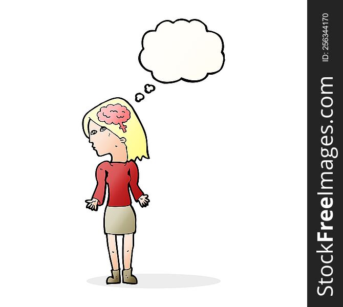 cartoon clever woman shrugging shoulders with thought bubble