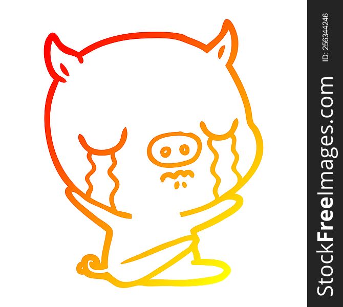 Warm Gradient Line Drawing Cartoon Sitting Pig Crying