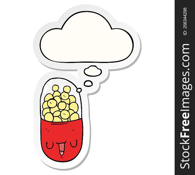 cartoon medical pill with thought bubble as a printed sticker