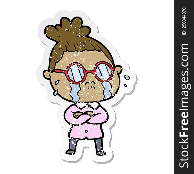 distressed sticker of a cartoon crying woman wearing spectacles