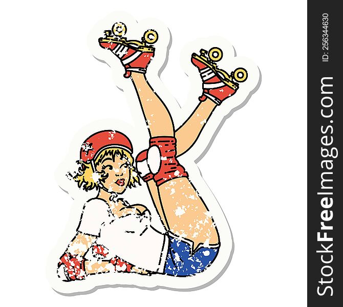 Distressed Sticker Tattoo Of A Pinup Roller Derby Girl