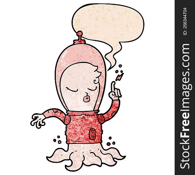 cute cartoon alien with speech bubble in retro texture style