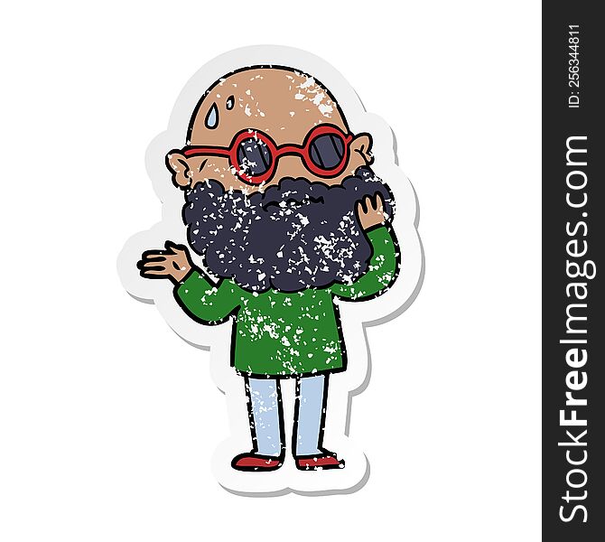 Distressed Sticker Of A Cartoon Worried Man With Beard And Sunglasses