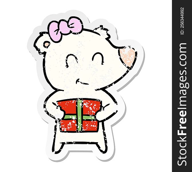 Distressed Sticker Of A Female Polar Bear With Christmas Present