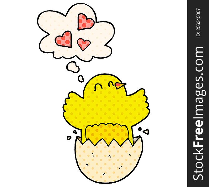 cute hatching chick cartoon with thought bubble in comic book style