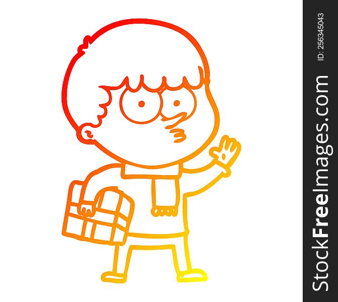 warm gradient line drawing of a cartoon curious boy carrying a gift