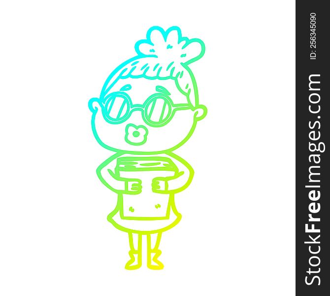 cold gradient line drawing cartoon woman with book wearing spectacles