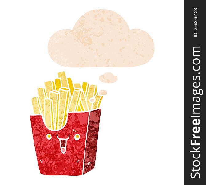 Cute Cartoon Box Of Fries And Thought Bubble In Retro Textured Style