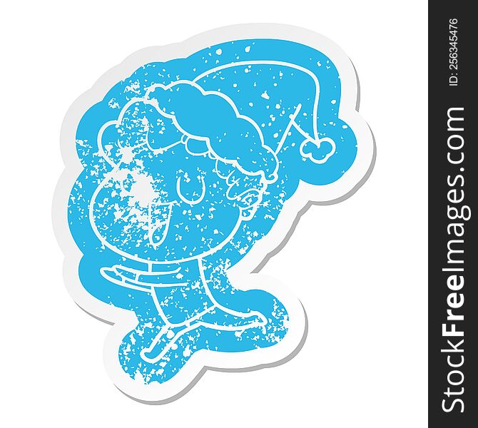 Laughing Cartoon Distressed Sticker Of A Man Running Wearing Santa Hat