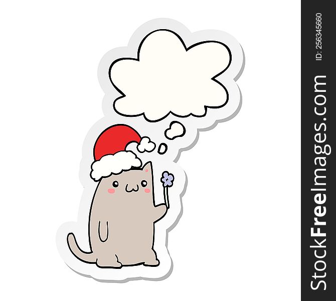Cute Cartoon Christmas Cat And Thought Bubble As A Printed Sticker