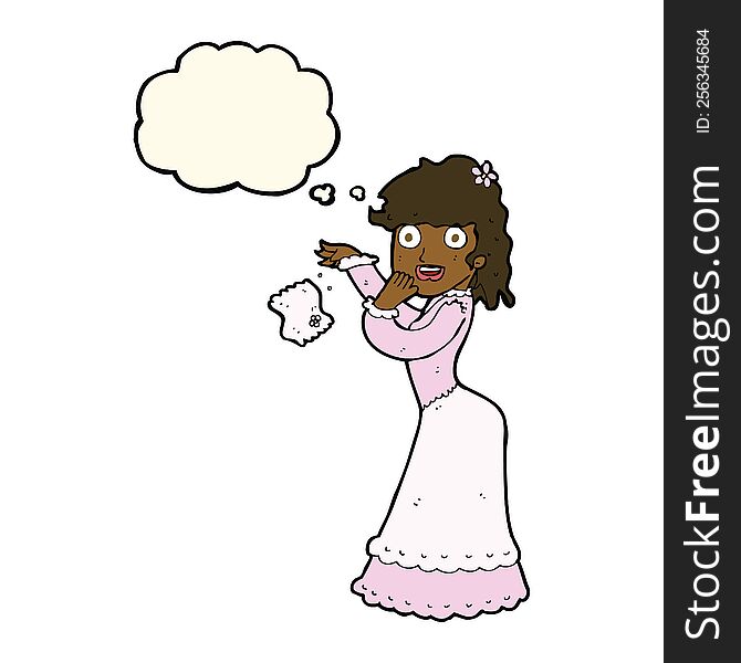 cartoon victorian woman dropping handkerchief with thought bubble