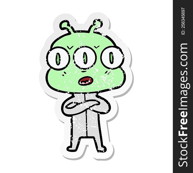 Distressed Sticker Of A Cartoon Three Eyed Alien