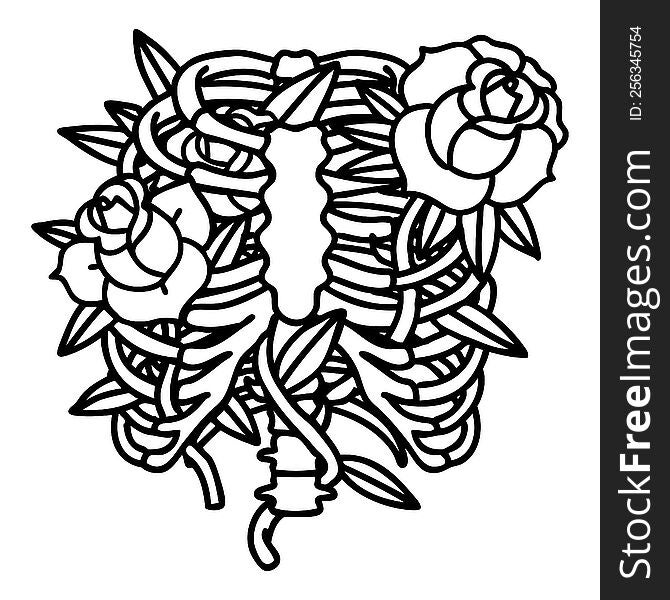 tattoo in black line style of a rib cage and flowers. tattoo in black line style of a rib cage and flowers