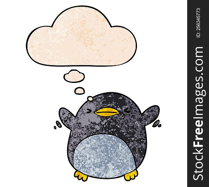 Cute Cartoon Flapping Penguin And Thought Bubble In Grunge Texture Pattern Style