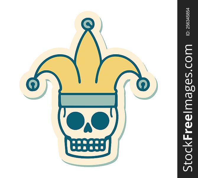 sticker of tattoo in traditional style of a skull jester. sticker of tattoo in traditional style of a skull jester