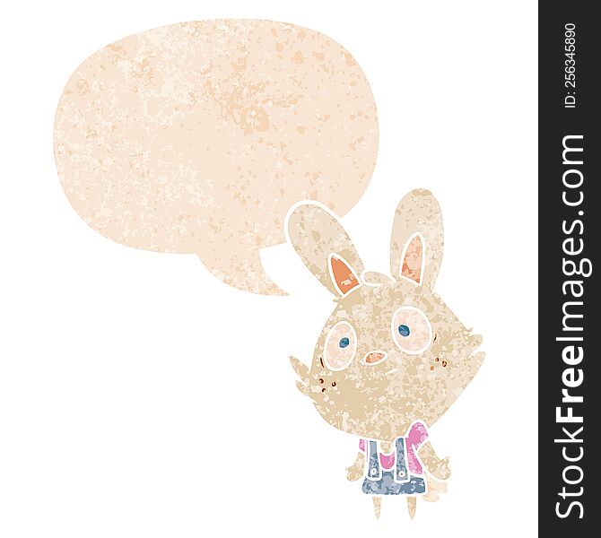 cartoon rabbit shrugging shoulders with speech bubble in grunge distressed retro textured style. cartoon rabbit shrugging shoulders with speech bubble in grunge distressed retro textured style