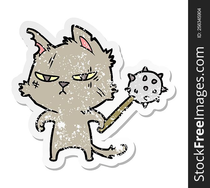 distressed sticker of a tough cartoon cat with mace