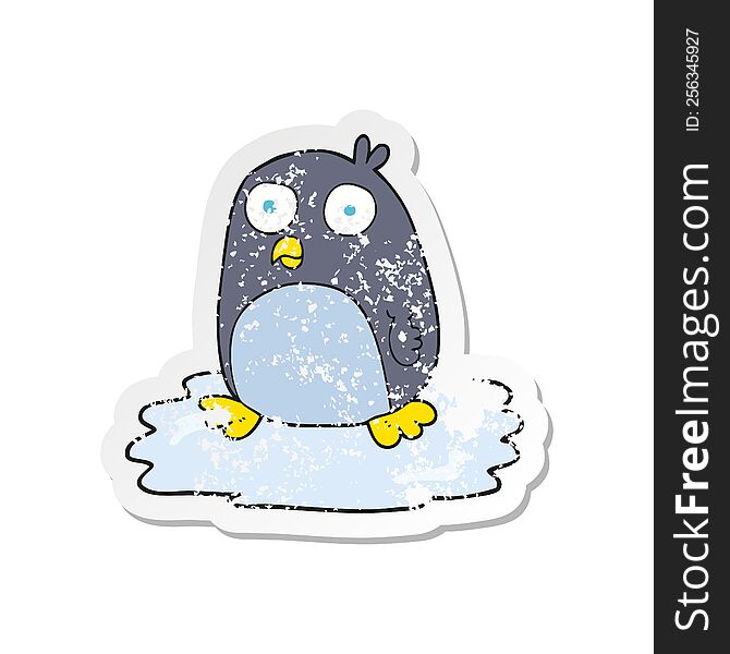 retro distressed sticker of a cartoon penguin on ice