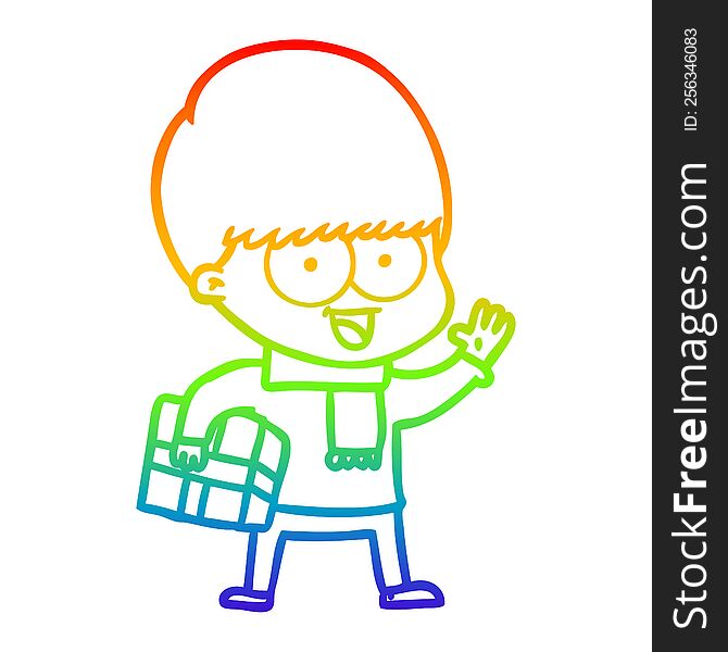 rainbow gradient line drawing of a happy cartoon boy with present