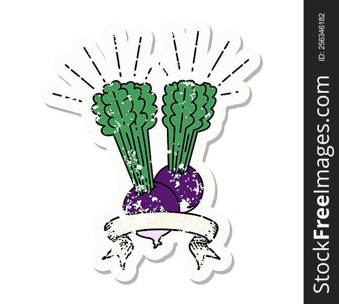 Grunge Sticker Of Tattoo Style Beets With Leaves