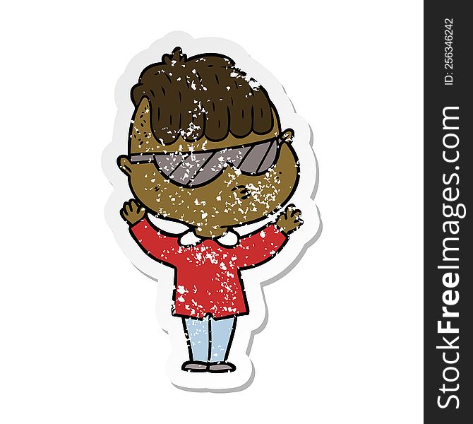 distressed sticker of a cartoon boy wearing sunglasses