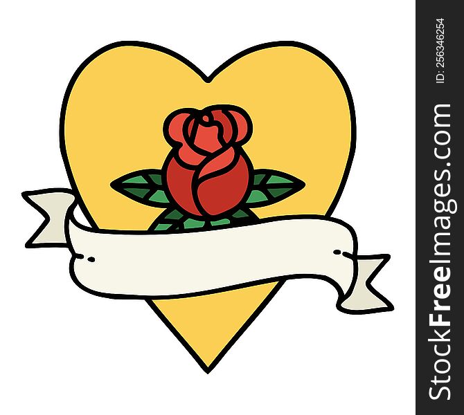 tattoo in traditional style of a heart rose and banner. tattoo in traditional style of a heart rose and banner