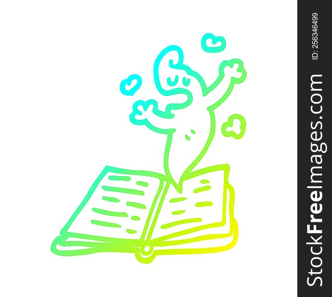 cold gradient line drawing of a cartoon spell book with ghost