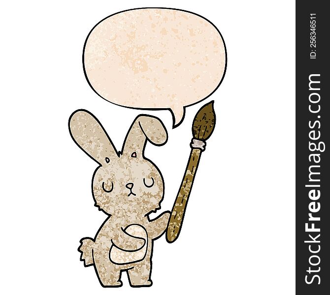 Cartoon Rabbit And Paint Brush And Speech Bubble In Retro Texture Style