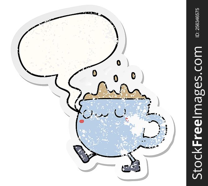 Cartoon Coffee Cup Walking And Speech Bubble Distressed Sticker