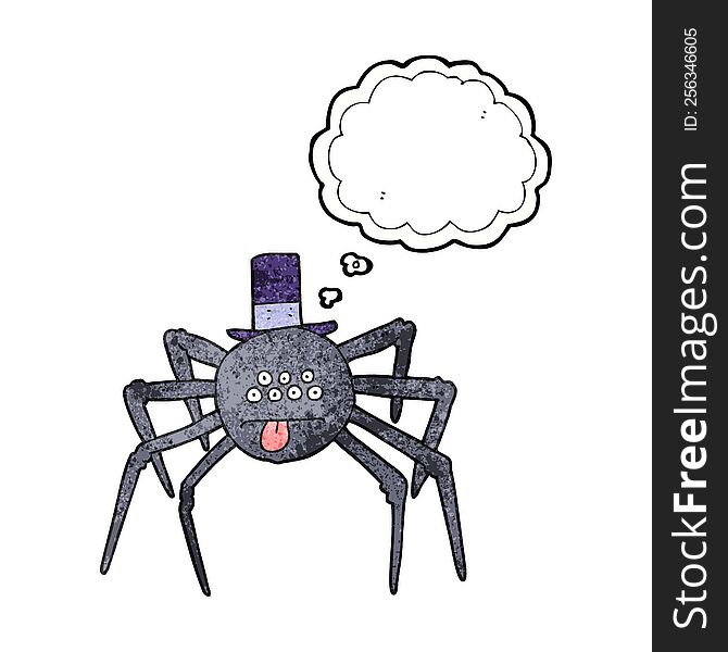 freehand drawn thought bubble textured cartoon halloween spider in top hat