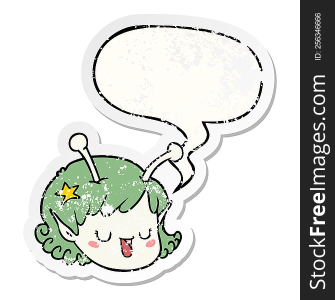 Cartoon Alien Space Girl Face And Speech Bubble Distressed Sticker