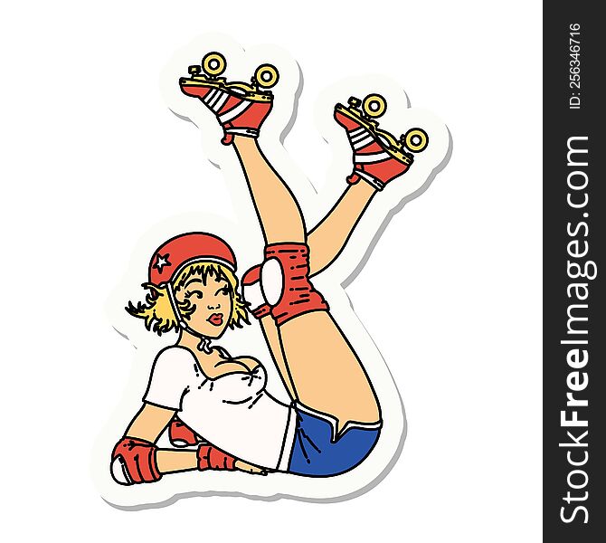 sticker of tattoo in traditional style of a pinup roller derby girl. sticker of tattoo in traditional style of a pinup roller derby girl