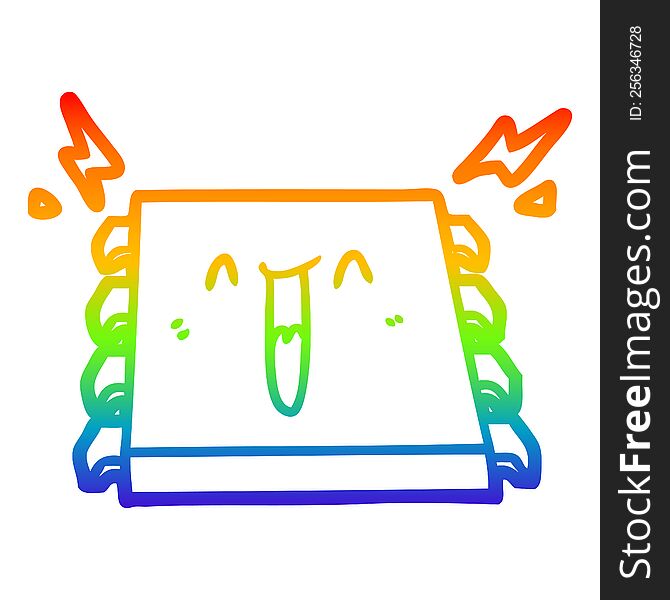 rainbow gradient line drawing of a happy computer chip cartoon