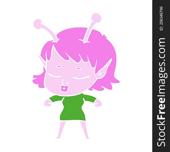 Cute Alien Girl Flat Color Style Cartoon